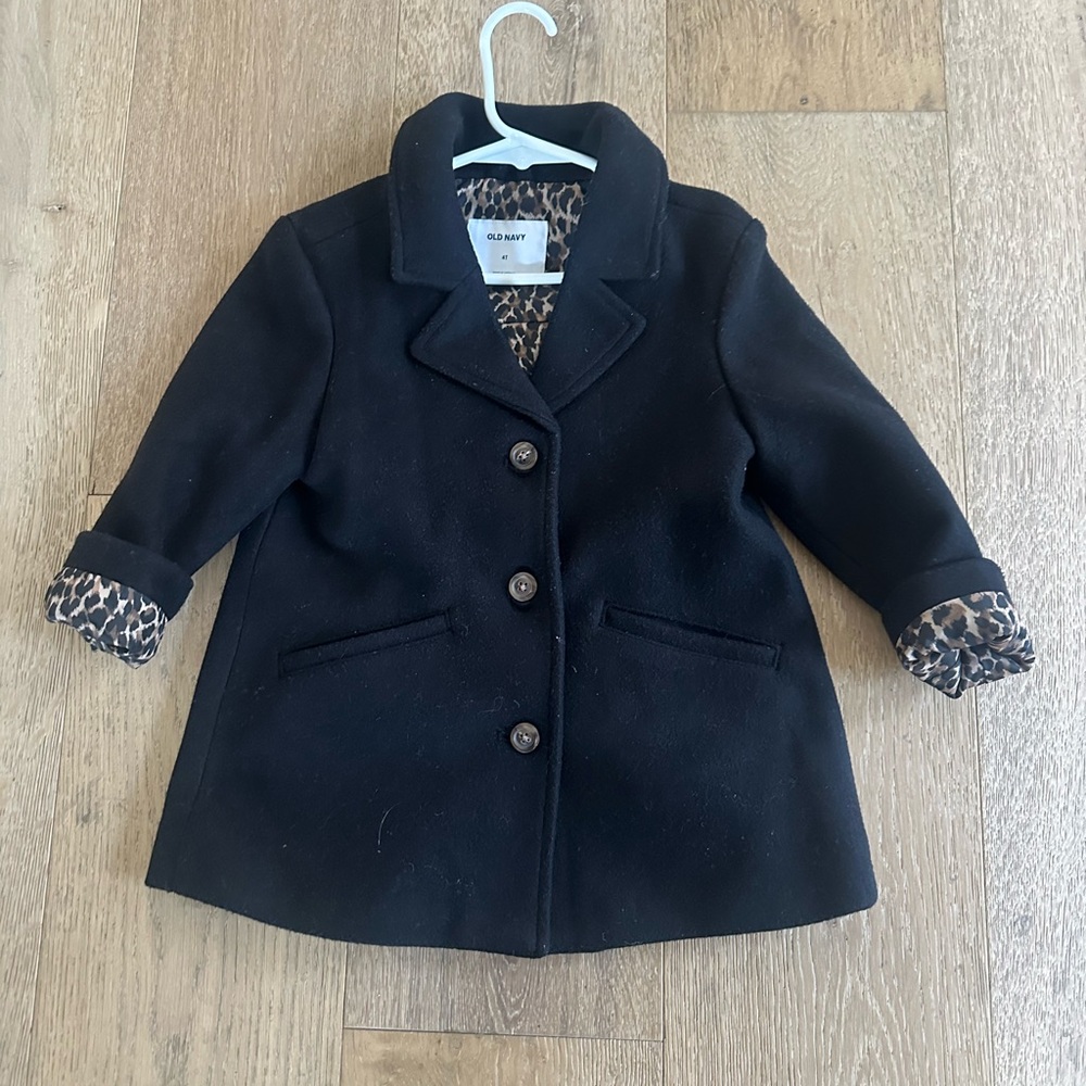 Old Navy Black Pea Coat with Leopard Print Lining